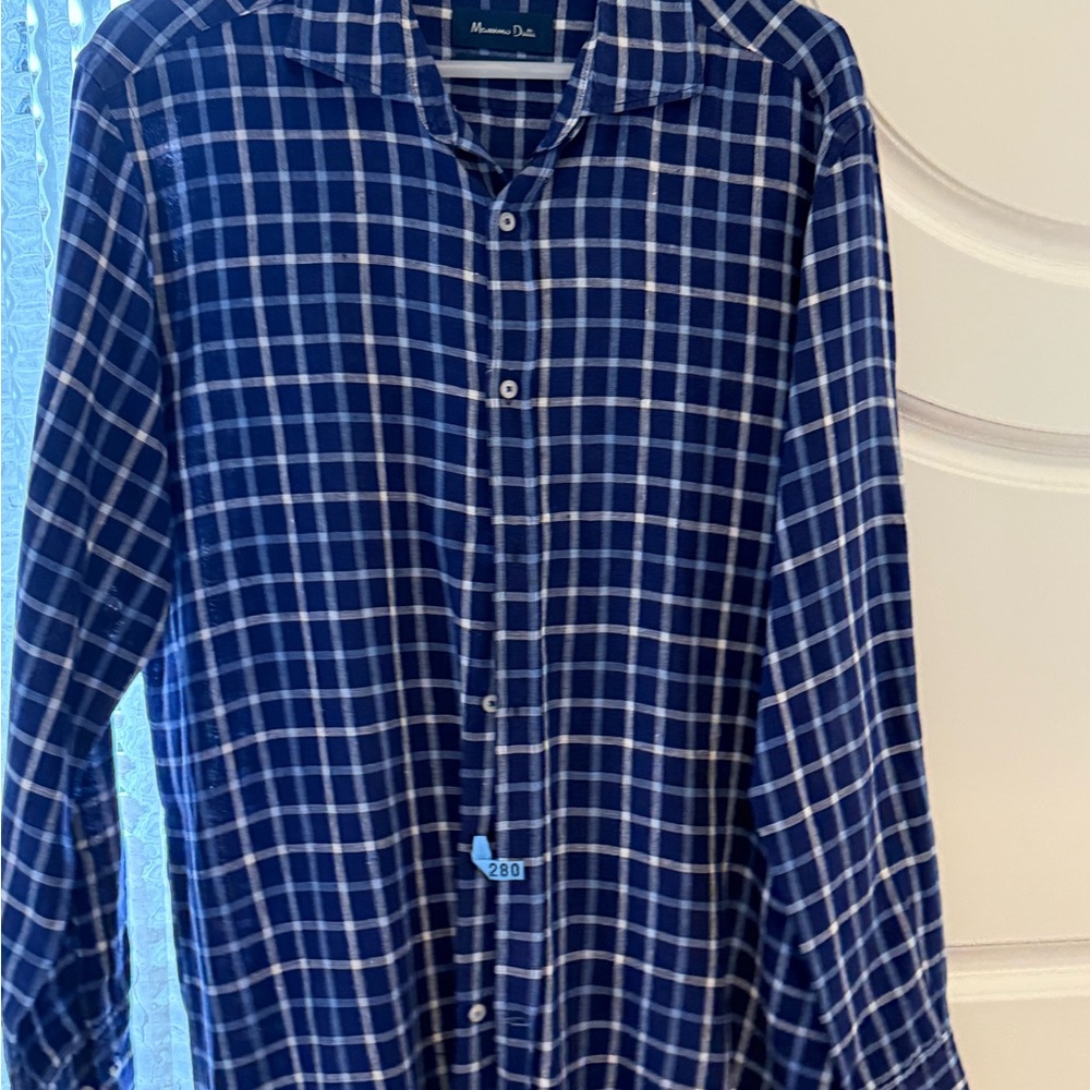 Massimo Dutti Navy Plaid Button Down Shirt